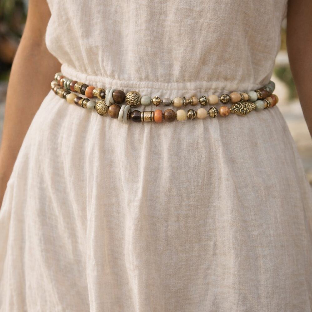 Boho Double Strand Beaded Waist Belt Neutral Earthy Adjustable Festival Belt